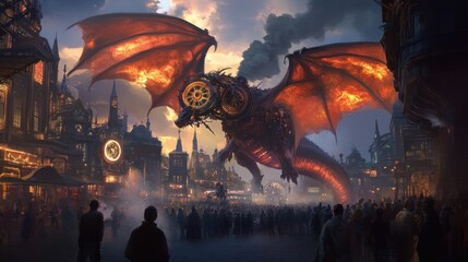 Massive steampunk dragon hovers over a crowd in a fantasy city at dusk.