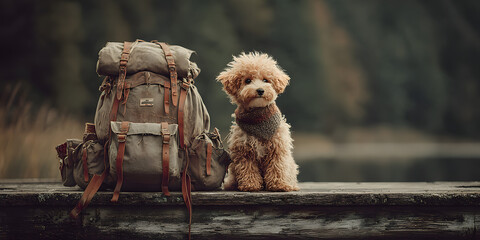 Adventurous Companion's Journey: A charming dog, adorned with a neckerchief, sits beside an old-fashioned backpack at lakeside, Ready to begin a hike, ready to find a scenic views