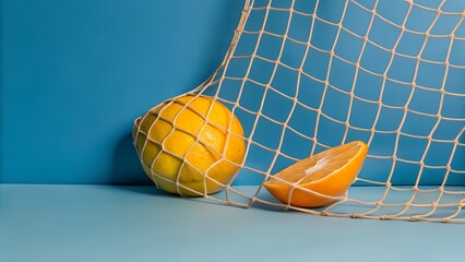 Bright yellow lemon and orange slice resting on a blue surface, partially covered by a net, creating a vibrant and fresh fruit composition with playful textures