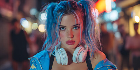 City Luminescence: A young woman with striking blue hair and headphones, stares intently at the camera, illuminated by the urban lights.