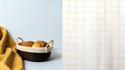 Freshly baked bread rolls in a woven basket with a soft cloth, accompanied by a patterned backdrop, creating a warm and inviting culinary atmosphere for food photography
