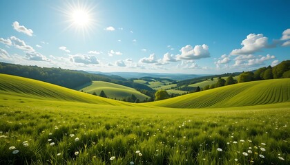 Fototapeta premium Expansive Green Hills Under a Bright Sunny Sky With Clouds