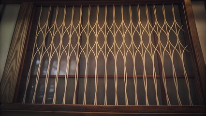 Intricate wooden lattice design featuring elegant curves and lines, creating a stunning visual effect against a soft background, enhancing architectural beauty and craftsmanship