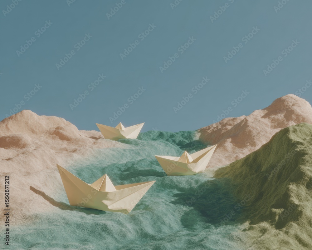 Aufkleber Strategic Exit Path Concept with Paper Boats Navigating River Through Mountains to Target Symbol for Business Adaptability and Process Improvement