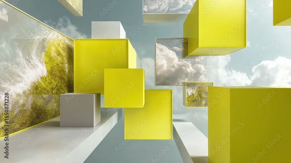 Aufkleber Futuristic digital interface with floating yellow cubes and cloud reflections showcasing advanced data visualization and immersive tech design in modern environments