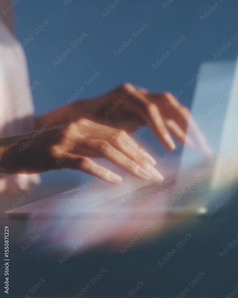 Aufkleber Hands Typing on Laptop Keyboard with Holographic AI Chatbot and Digital Content Tools Enhancing Productivity in Modern Business Innovation