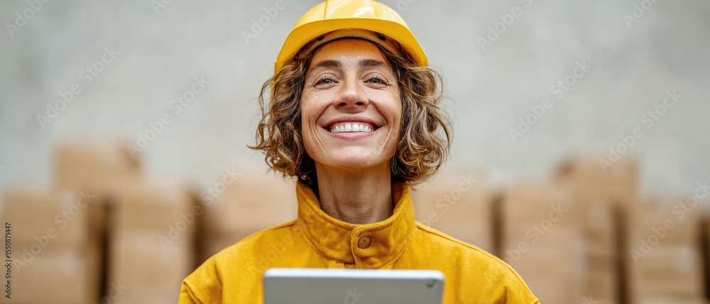 Poster modern warehouse worker in safety gear using tablet for inventory management in busy distribution ce