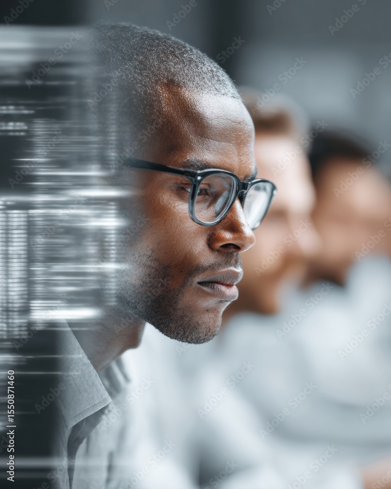 Poster focused call center employee in modern corporate office with ai digital overlays symbolizing teamwor