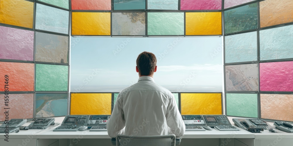 Aufkleber Tech-Driven Control Room Operator Monitoring Multiscreen Digital Console with Colorful Panels for Enhanced Security and Operational Efficiency