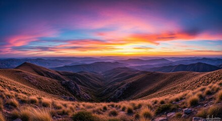 Fototapeta premium Vibrant Sky Painted Over Majestic Mountain Range at Sunrise Hour Inspiring Awe
