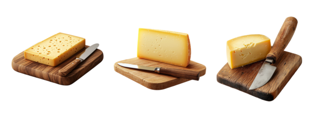Assortment of Cheddar and Swiss Cheese on Wooden Cutting Board with Knife