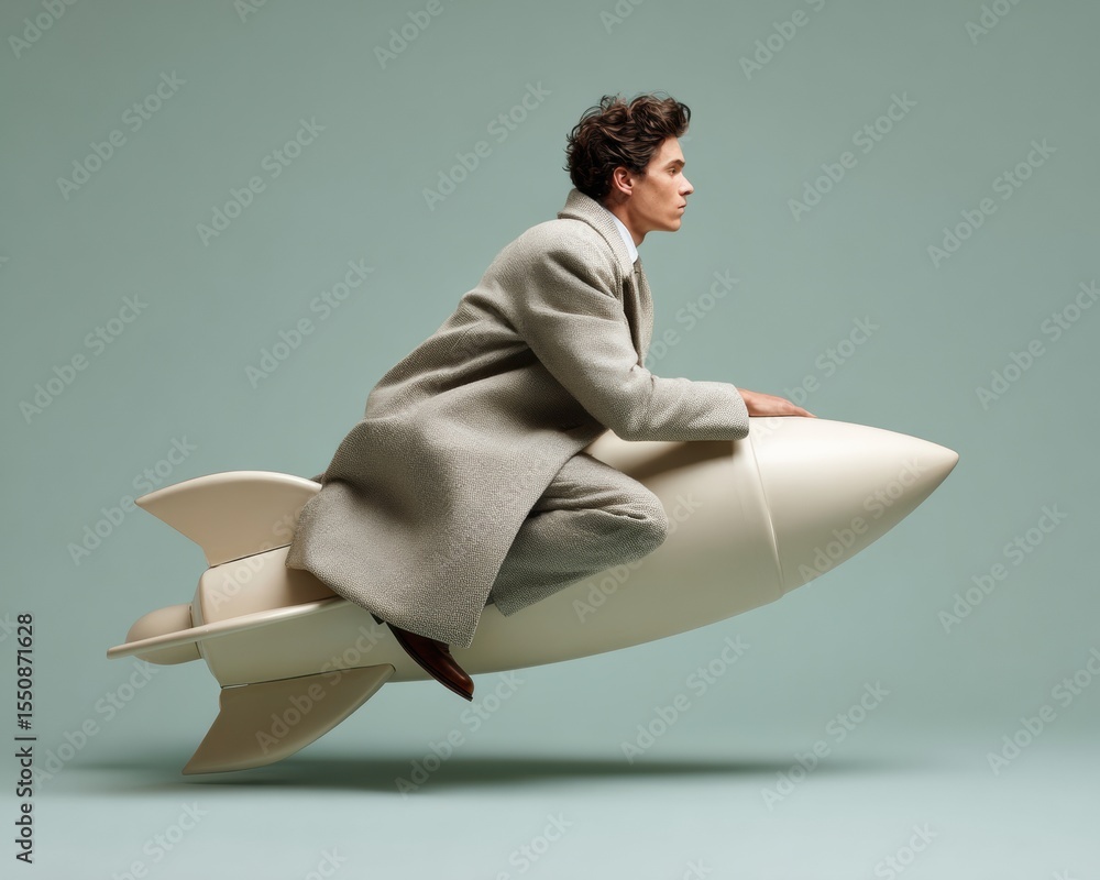 Poster Dynamic Businessman Riding Futuristic Rocket in Minimalist Style Symbolizing Rapid Delivery and Supercharged Online Commerce Innovation