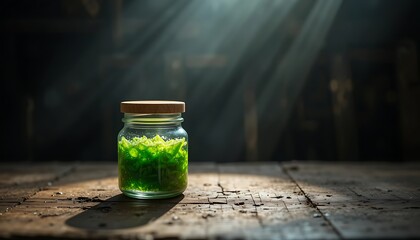 Jar filled with bright green tiny crystals illuminated by dramatic light beams