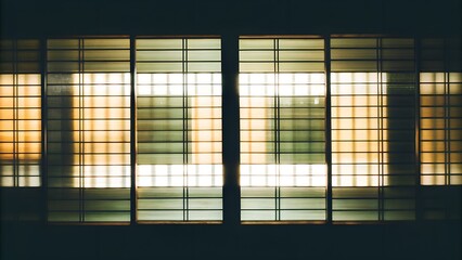 Abstract geometric pattern of illuminated panels with a grid design, creating a warm glow and contrasting shadows, enhancing the ambiance of modern architecture and interior design
