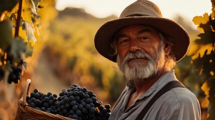 Mature farmer holding a basket of grapes in vineyard.