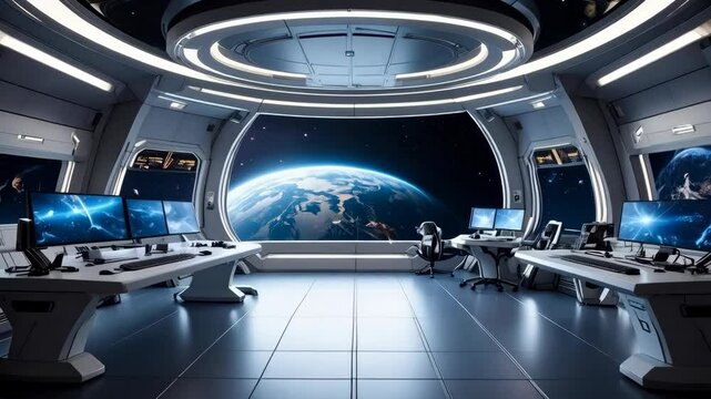 Futuristic spacecraft command center interior featuring planet view screens and sleek desks with monitors in a bright setting