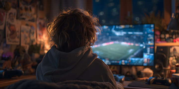 Gaming Haven: A young individual engrossed in a competitive game, immersed in a personal gaming sanctuary adorned with a monitor, accessories, and a sense of immersive focus.