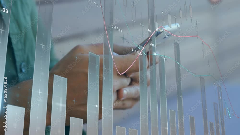 Poster hands tapping smartphone screen and updating financial data chart overlay analyzing market trends
