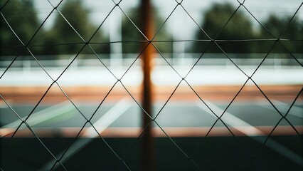 Tennis court view through a chain-link fence, showcasing blurred lines and vibrant colors of the court, creating a sense of depth and anticipation for the game ahead