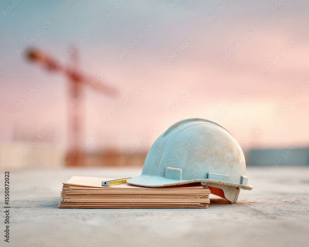Poster Construction Helmet and Blueprints on Bridge Surface with Cranes at Sunset - Engineering Precision for Infrastructure Project Planning and Safety Emphasis