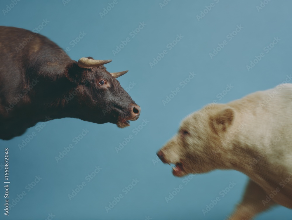 Poster dynamic confrontation between bull and bear figures symbolizing financial market volatility and stra