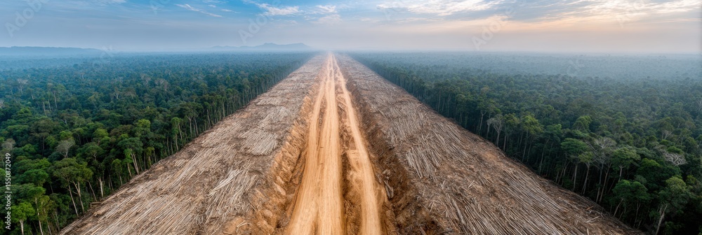 Poster Aerial View of Tropical Deforestation Showing Logging Machinery Clearing Forests and Exposing Trails for Sustainability Advocacy and Awareness Campaigns