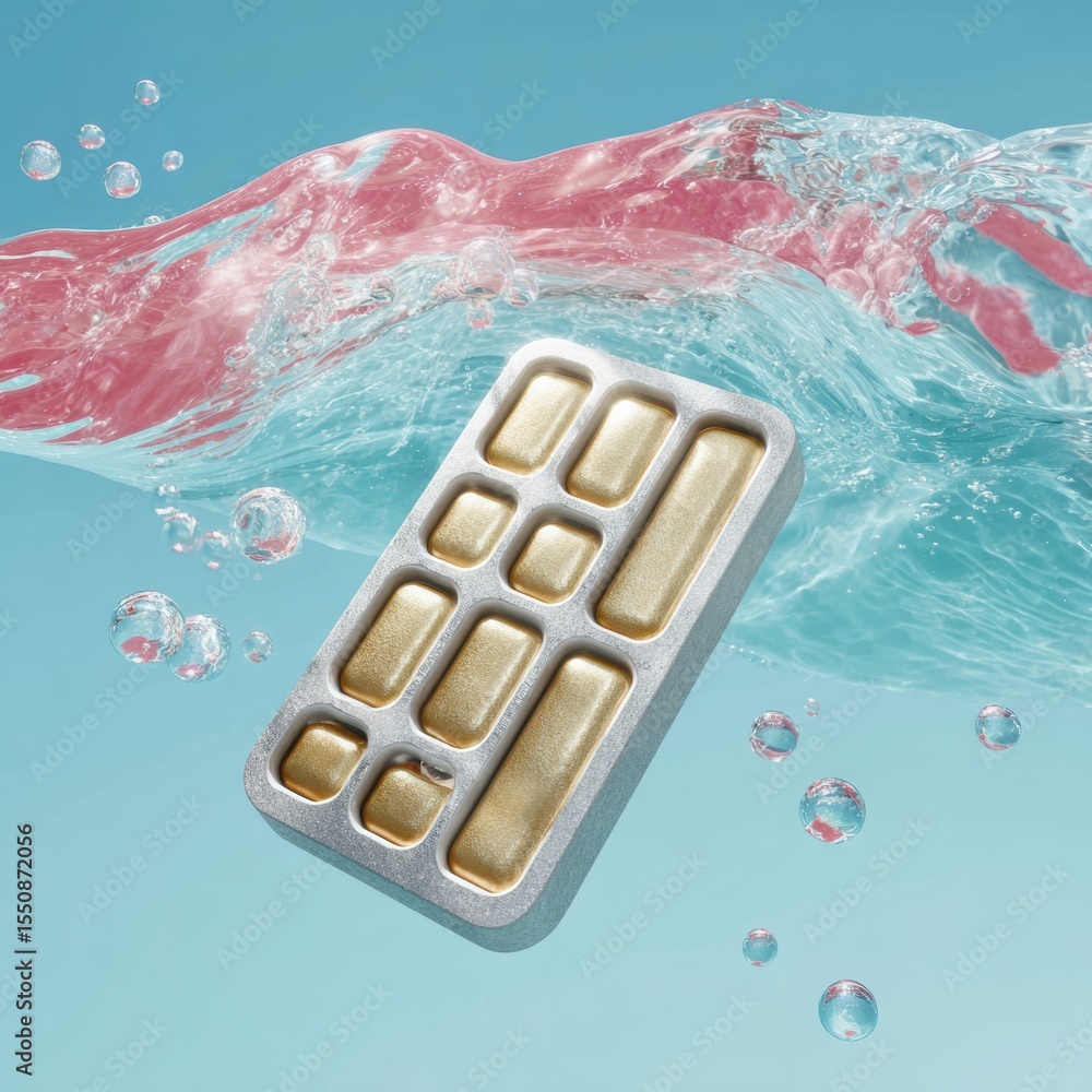 Poster Modern Electric Car Battery Pack with Uniform Cell Design Floating in Liquid Environment Representing Advanced Power Efficiency and Sustainable Tech Innovation