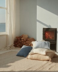 Cozy Minimalist Living Room with Wood Logs and Modern Fireplace Emphasizing Sustainable Heating and Warmth in Natural Light