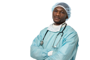 Confident black Surgeon in Scrubs and Surgical Cap with Stethoscope