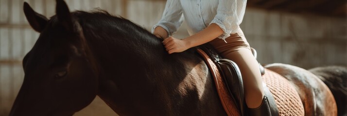Equestrian Basics Close-Up of Hands Adjusting Saddle on Horse in Barn, Rider Ready for Training - Horsemanship Skills and Wellness in Modern Lifestyle