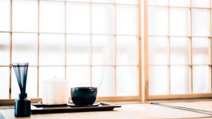Minimalist tea setting featuring a black bowl, white candle, and incense holder on a wooden tray, illuminated by natural light through shoji screens, creating a serene atmosphere