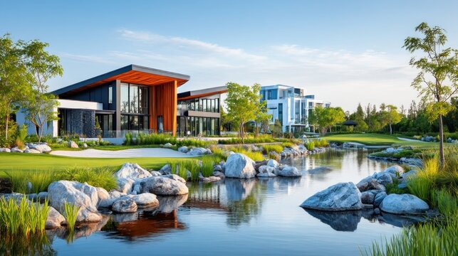 Modern homes near a tranquil golf course