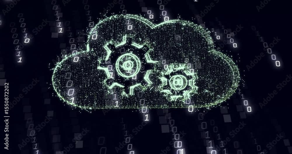 Poster binary digits coalescing into geared cloud flickering and dissolving demonstrating cloud computing