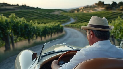 Mature man driving vintage convertible through vineyard landscape at sunset.