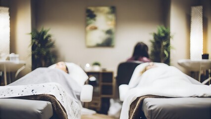 Spa treatment room with two massage tables, clients relaxing under soft lighting, surrounded by plants, creating a serene atmosphere for wellness and rejuvenation