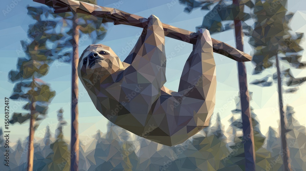 Poster low-poly sloth hanging from a branch in a forest.