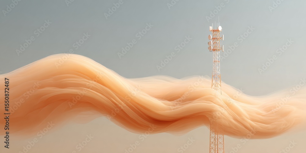 Aufkleber Telecommunication Tower with Dynamic Digital Waves Representing 5G Connectivity and Global Wireless Data Flow for Modern Tech Promotion