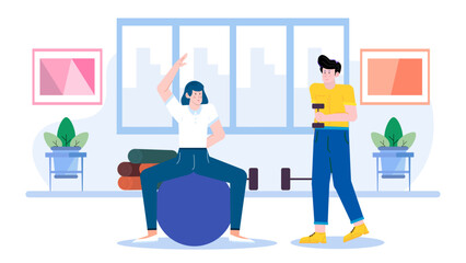 Two people indoors exercising with weights and a ball. Suitable for fitness, gym, health, and indoor workout concepts.