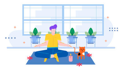 Man sitting in meditation pose, with a cat and lit candle. Relaxation, mindfulness, spirituality, peaceful moments, mental wellbeing concepts.