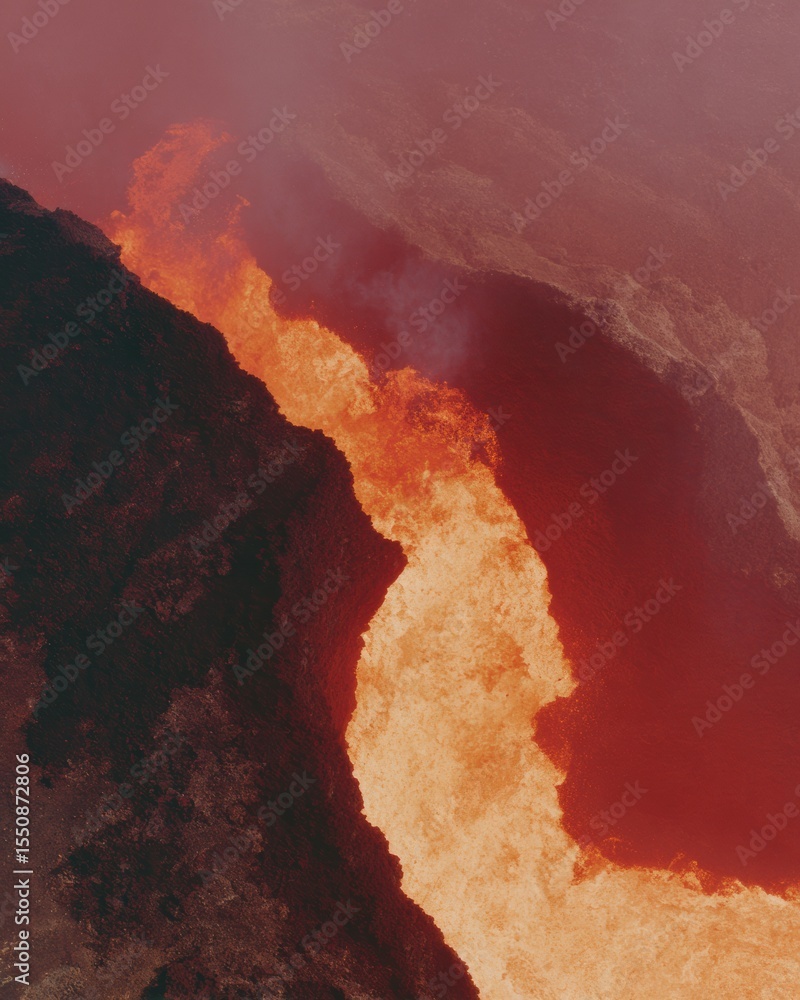 Poster overhead view of molten lava flow in volcanic magma chamber with dramatic backlighting and vibrant t