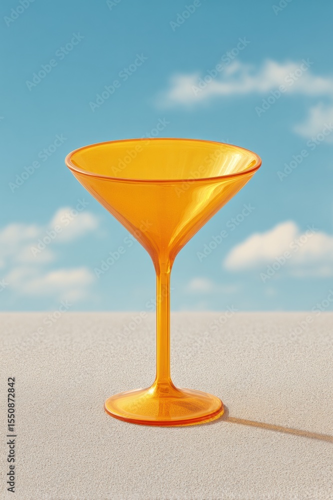 Poster vibrant orange plastic funnel standing upright on neutral surface with clear sky background - modern