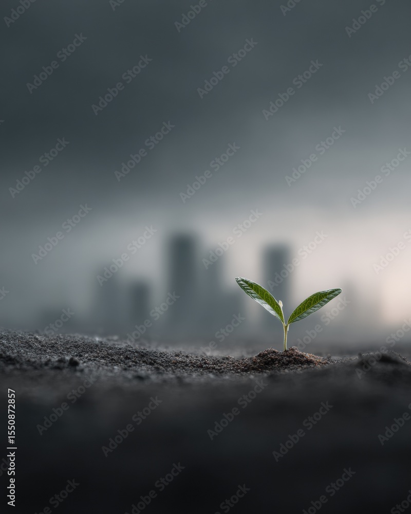 Poster emerging seedling in urban soil with dramatic stormy backlight symbolizing environmental policy and 