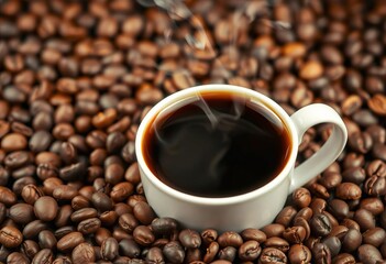 Fototapeta premium Steaming cup of black coffee nestled amongst roasted beans, coffee shop, caffeinated