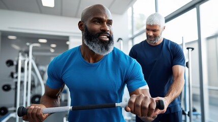 Mature man exercising with trainer in gym.