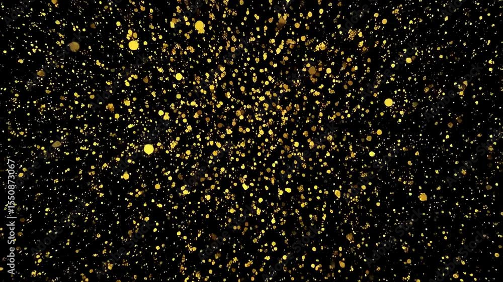 Poster golden glittering particles floating and flying in front of a dark black background to create a magi