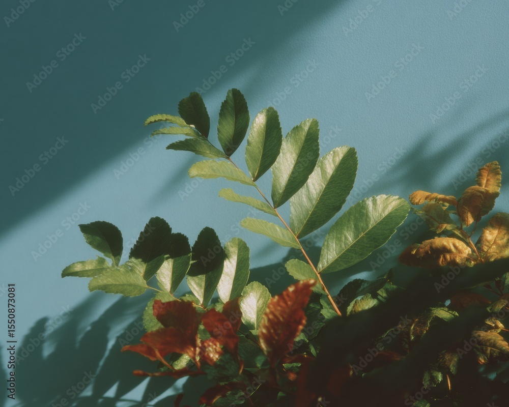 Poster natural greenery with soft shadows on cyan background featuring paper texture for modern wellness br