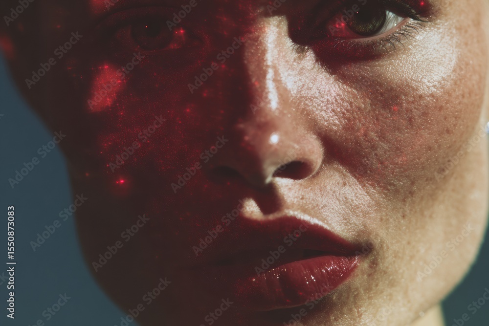 Poster dramatic low angle portrait of woman with biometric face scan and german id card overlay highlightin
