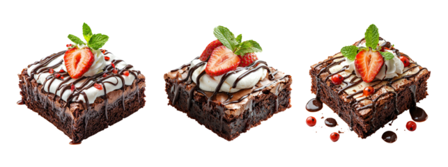 Delicious Chocolate Brownie Dessert with Cream and Strawberry Garnish
