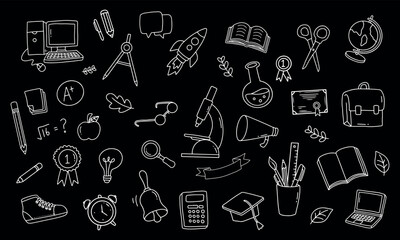 Back to school and education doodle elements in black background