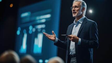Mature man giving a presentation on stage in front of an audience.
